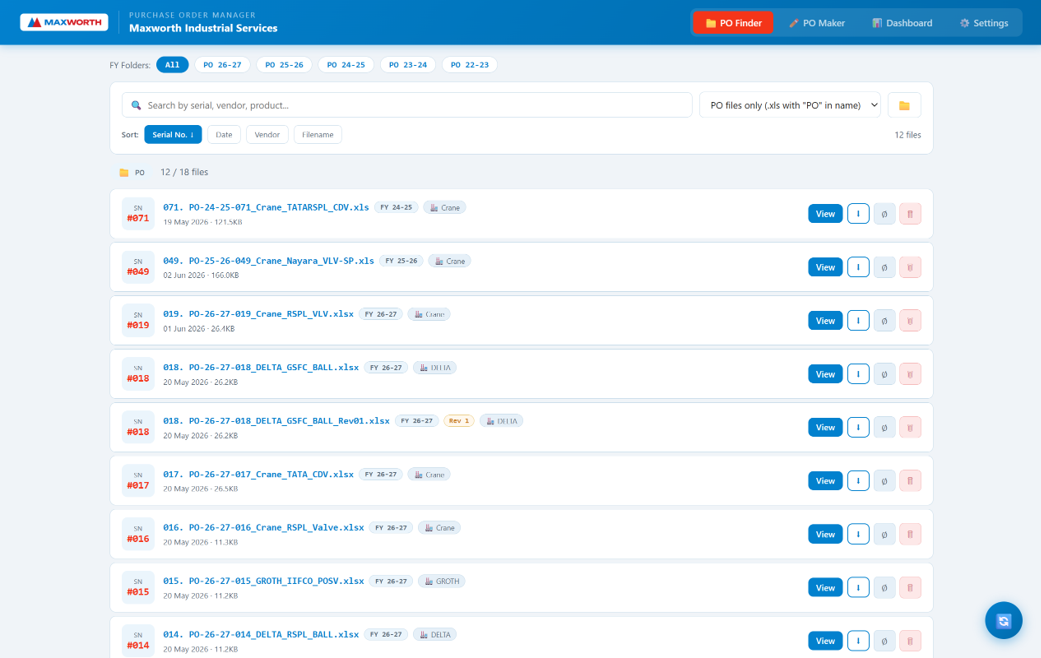 Screenshot of the Maxworth PO Manager app showing the PO Finder with a searchable list of purchase orders